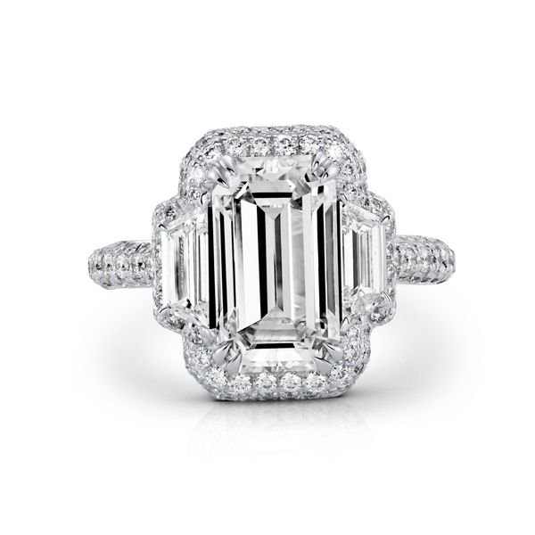 Emerald Cut Diamond Ring with Trapezoid Side Stones Huffords Jewelry Frontenac, MO