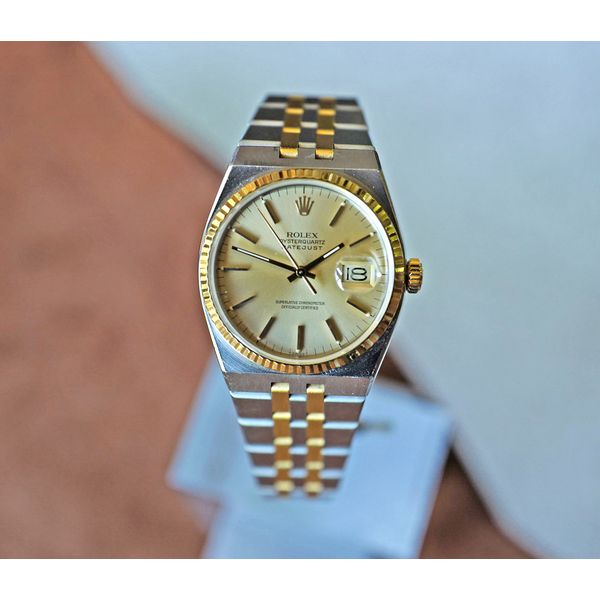 Rolex Oysterquartz Datejust Two Tone Champagne Dial Fluted Gold Bezel 36mm Watch Ref. 17013 Preowwned Huffords Jewelry Frontenac, MO