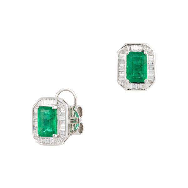 Emerald and Tapered Baguette Diamond Earrings Huffords Jewelry Frontenac, MO