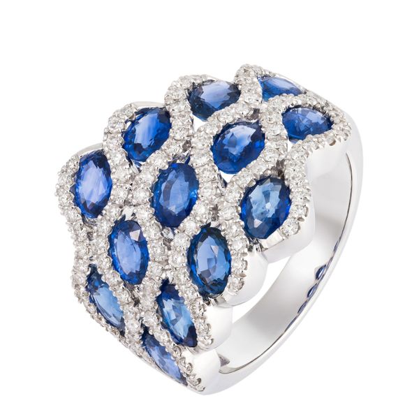 Blue Sapphire and Diamond Wave Ring Huffords Jewelry Frontenac, MO