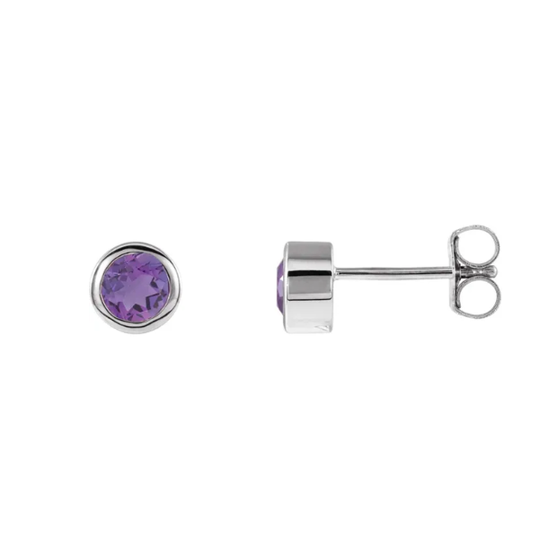 14K WG 4MM Round Bezel set Amethyst Earrings Innsbruck Jewelers St. Anthony, MN