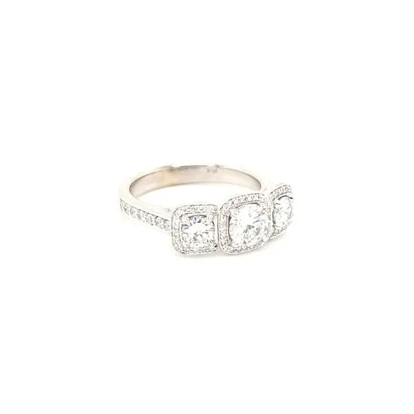 14K White Gold 3-Stone Halo Diamond Engagement Ring Image 2 Jaymark Jewelers Cold Spring, NY