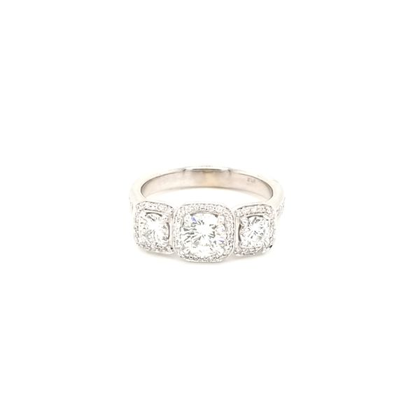 14K White Gold 3-Stone Halo Diamond Engagement Ring Jaymark Jewelers Cold Spring, NY