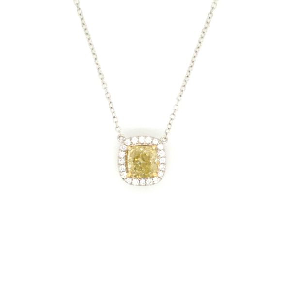 Platinum and 18K Yellow Gold Yellow Cushion Cut Diamond Necklace Jaymark Jewelers Cold Spring, NY