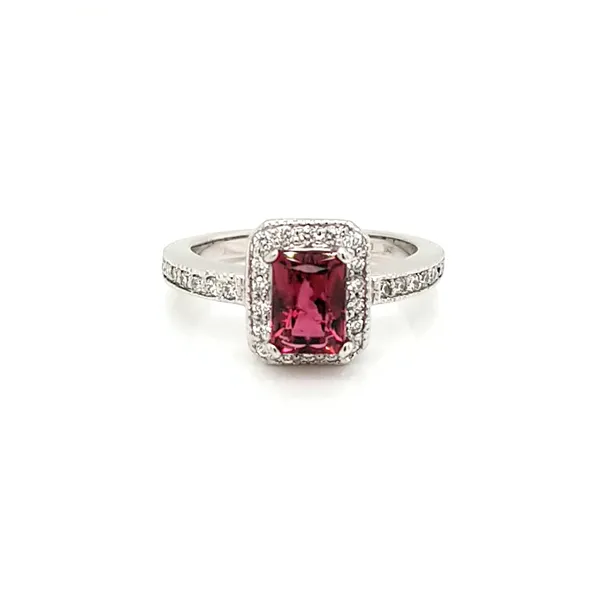 14k White Gold Radiant Cut Pink Tourmaline & Diamond Ring Jaymark Jewelers Cold Spring, NY