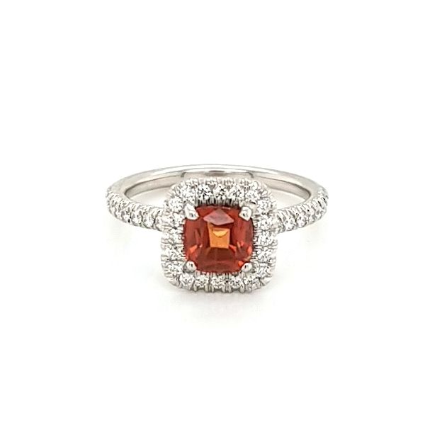 Platinum natural orange sapphire and diamond halo ring Jaymark Jewelers Cold Spring, NY