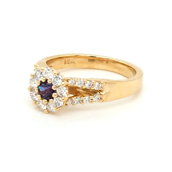 14K Yellow Gold Alexandrite and Diamond Halo Split Shank Ring Image 2 Jaymark Jewelers Cold Spring, NY