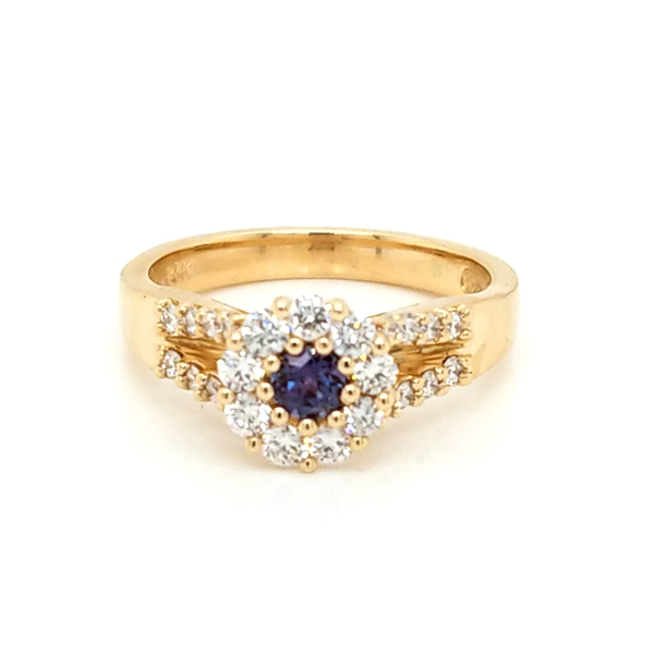 14K Yellow Gold Alexandrite and Diamond Halo Split Shank Ring Jaymark Jewelers Cold Spring, NY