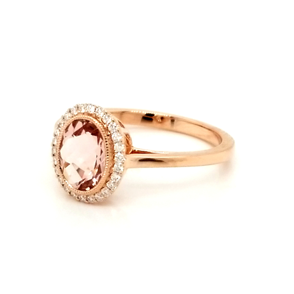 14K Rose Gold Oval Morganite Halo Ring Image 2 Jaymark Jewelers Cold Spring, NY
