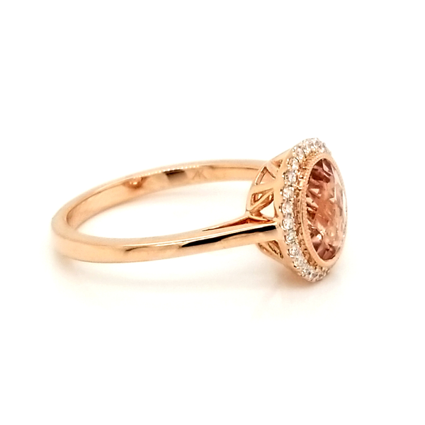 14K Rose Gold Oval Morganite Halo Ring Image 3 Jaymark Jewelers Cold Spring, NY