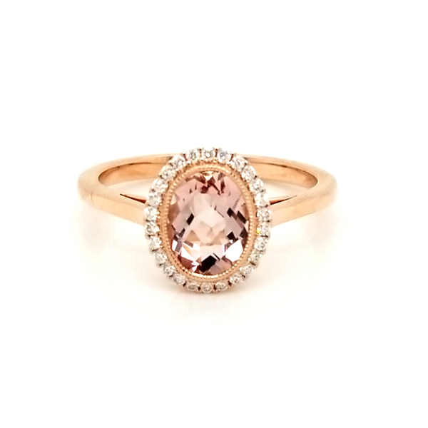 14K Rose Gold Oval Morganite Halo Ring Jaymark Jewelers Cold Spring, NY