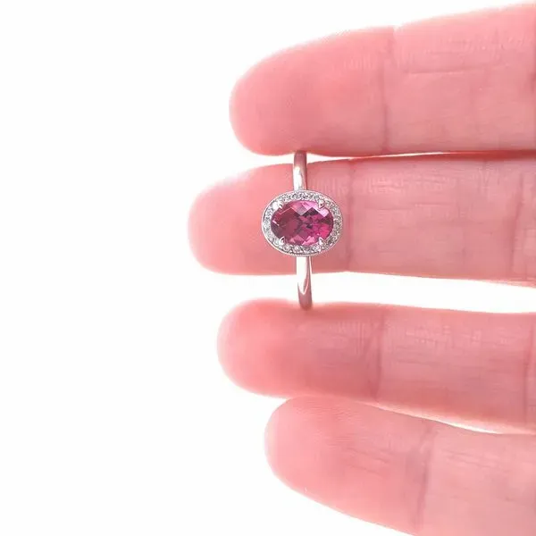 14K White Gold Pink Tourmaline and Diamond Halo Ring Image 2 Jaymark Jewelers Cold Spring, NY