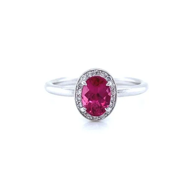 14K White Gold Pink Tourmaline and Diamond Halo Ring Jaymark Jewelers Cold Spring, NY