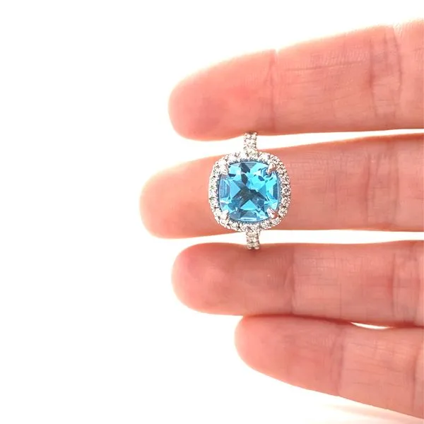 14K White Gold Blue Topaz and Diamond Halo Ring Image 2 Jaymark Jewelers Cold Spring, NY