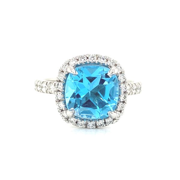 14K White Gold Blue Topaz and Diamond Halo Ring Jaymark Jewelers Cold Spring, NY