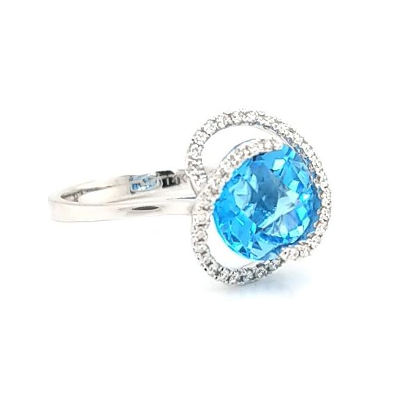 14K White Gold Blue Topaz and Diamond Halo Ring Image 2 Jaymark Jewelers Cold Spring, NY