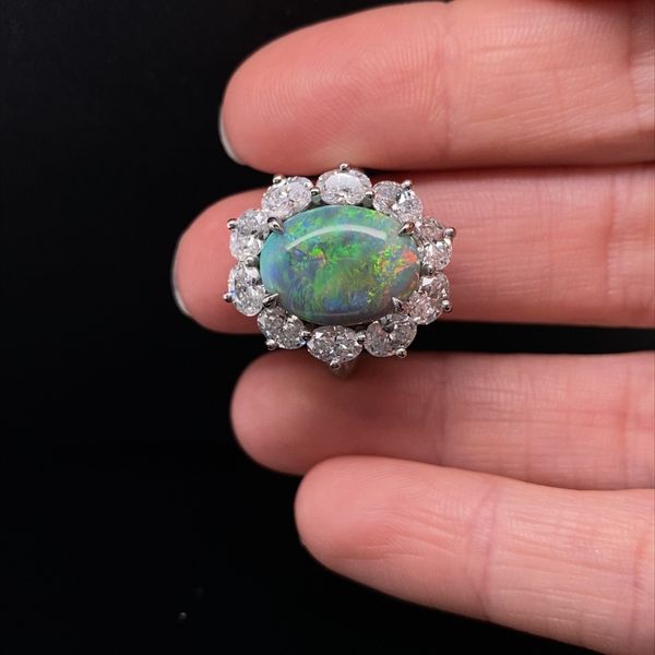 Platinum Black Opal and Diamond Halo Ring Image 2 Jaymark Jewelers Cold Spring, NY