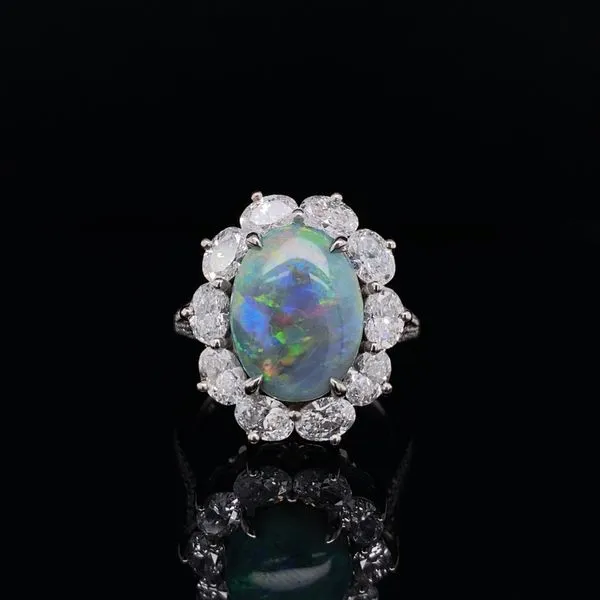 Platinum Black Opal and Diamond Halo Ring Jaymark Jewelers Cold Spring, NY