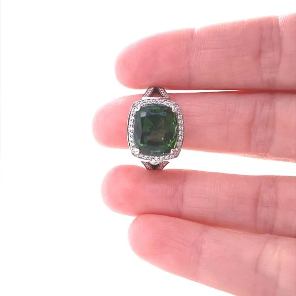 14K White Gold Green Tourmaline and Diamond Halo Ring Image 2 Jaymark Jewelers Cold Spring, NY