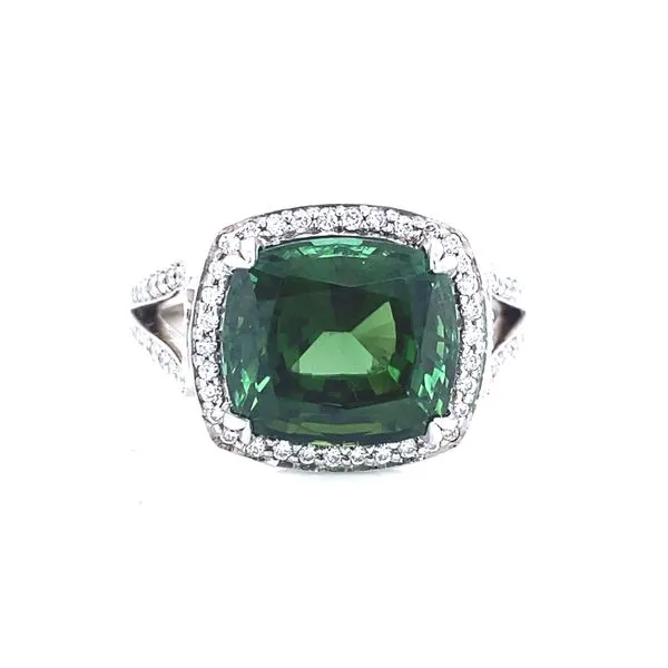 14K White Gold Green Tourmaline and Diamond Halo Ring Jaymark Jewelers Cold Spring, NY