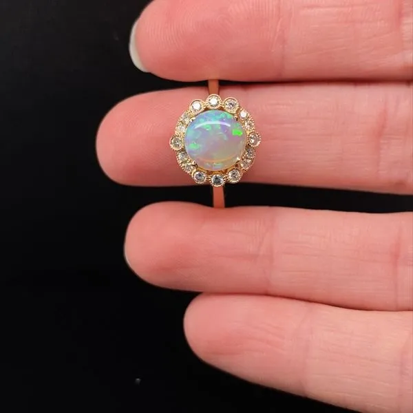 14K Yellow Gold Opal and Diamond Halo Ring Image 2 Jaymark Jewelers Cold Spring, NY