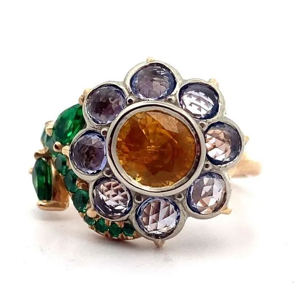 14K Two Tone Sapphire,Tsavorite Garnet and Tanzanite Flower Ring Jaymark Jewelers Cold Spring, NY