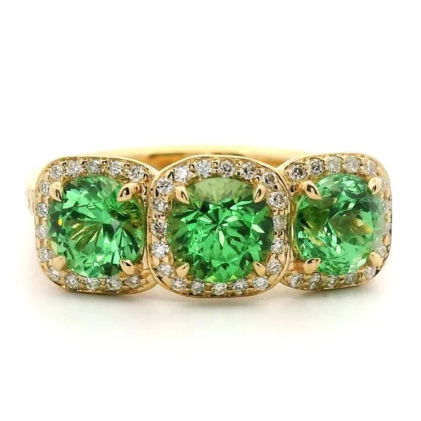 14K White Gold Three Stone Tsavorite Garnett and Diamond Ring Jaymark Jewelers Cold Spring, NY