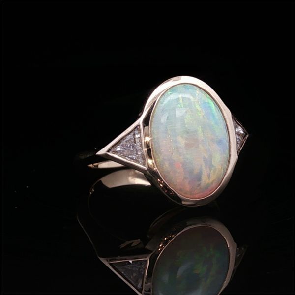14K yellow Gold Opal and Diamond Bezel Ring Image 3 Jaymark Jewelers Cold Spring, NY
