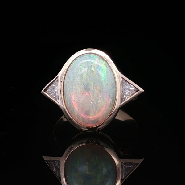 14K yellow Gold Opal and Diamond Bezel Ring Jaymark Jewelers Cold Spring, NY