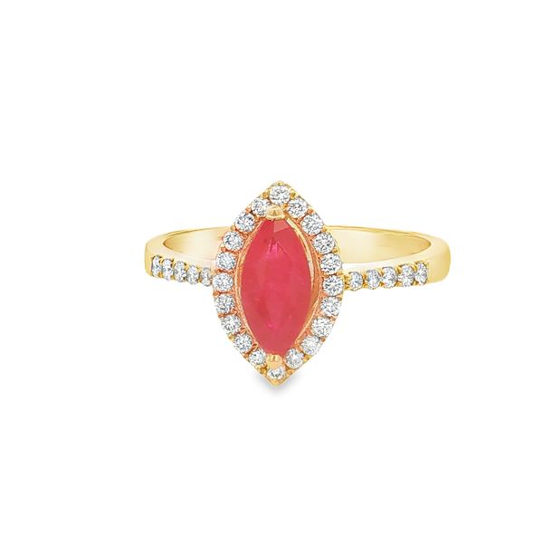 14K Yellow Gold Ruby and Diamond Halo Ring Jaymark Jewelers Cold Spring, NY