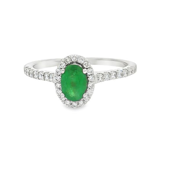 14K White Gold Emerald and Diamond Halo RIng Jaymark Jewelers Cold Spring, NY