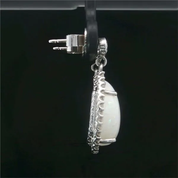 14K White Gold Pear Shape Opal and Diamond Halo Dangle Earrings Image 3 Jaymark Jewelers Cold Spring, NY