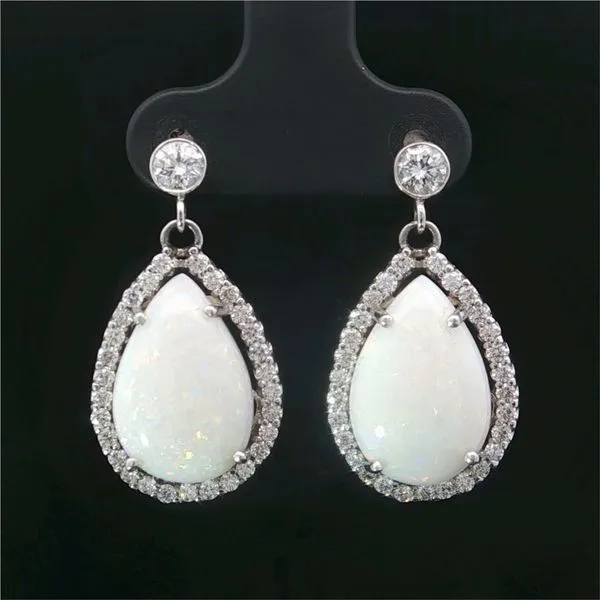 14K White Gold Pear Shape Opal and Diamond Halo Dangle Earrings Jaymark Jewelers Cold Spring, NY