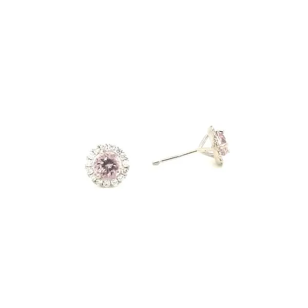 14K White Gold Round Morganite and Diamond Halo Stud Earrings Image 2 Jaymark Jewelers Cold Spring, NY