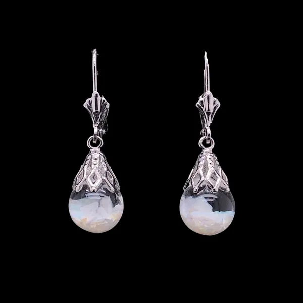 14K White Gold Fleur de Lis Floating Opal Earrings Jaymark Jewelers Cold Spring, NY