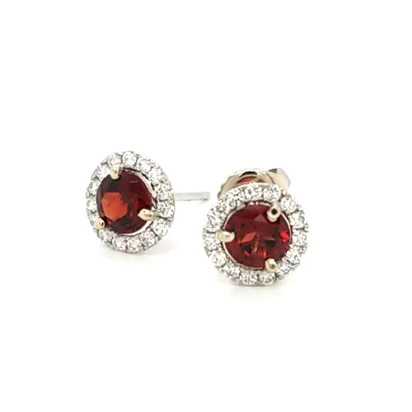 14K White Gold Garnet and Diamond Halo Stud Earrings Jaymark Jewelers Cold Spring, NY