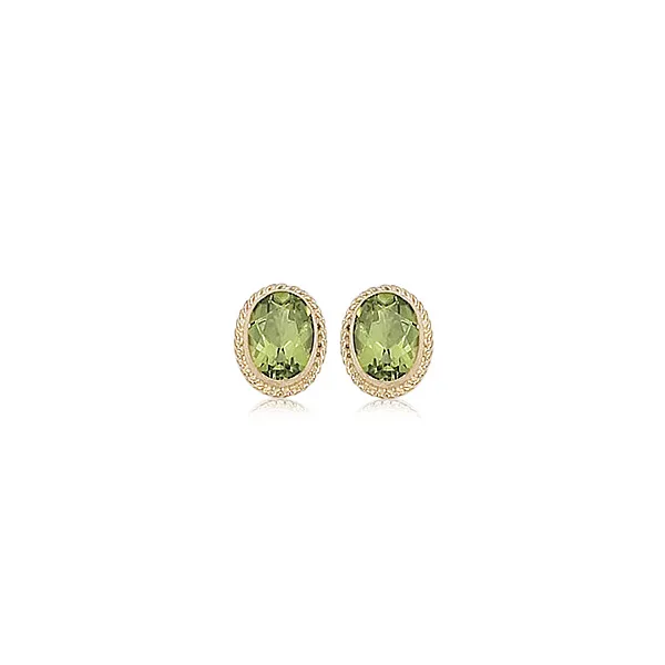14K Yellow Gold Oval Peridot Bezel Twist Earrings Jaymark Jewelers Cold Spring, NY
