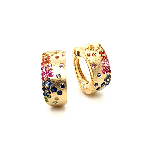 14K Yellow Gold Rainbow Sapphire Hoop Earrings Image 2 Jaymark Jewelers Cold Spring, NY