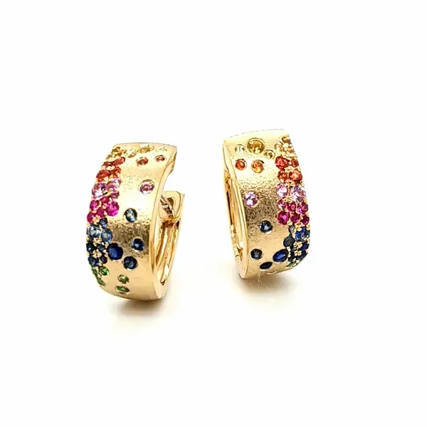 14K Yellow Gold Rainbow Sapphire Hoop Earrings Jaymark Jewelers Cold Spring, NY