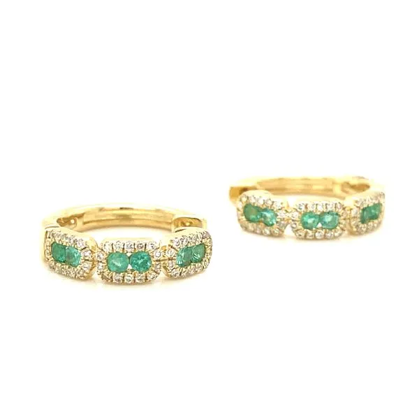 14K Yellow Gold Emerald and Diamond Hoop Earrings Jaymark Jewelers Cold Spring, NY