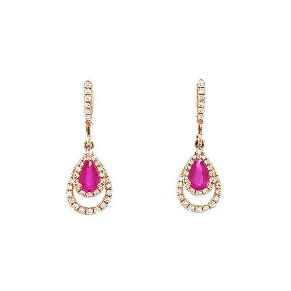 14K Rose Gold Ruby and Diamond Dangle Earrings Jaymark Jewelers Cold Spring, NY