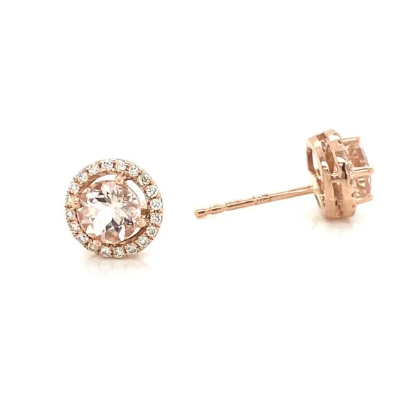 14K Rose Gold Morganite and Diamond Halo Stud Earrings Image 3 Jaymark Jewelers Cold Spring, NY
