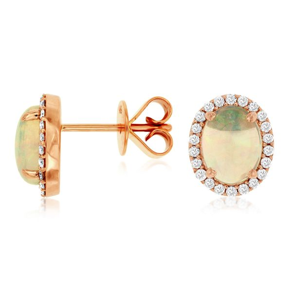 14k Rose Gold Opal and Diamond Halo Stud Earrings Jaymark Jewelers Cold Spring, NY