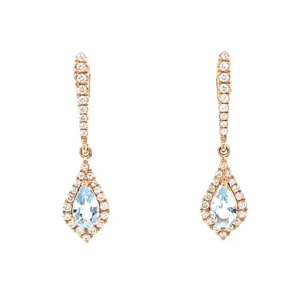 14K Rose Gold Aquamarine and Diamond Dangle Earrings Jaymark Jewelers Cold Spring, NY