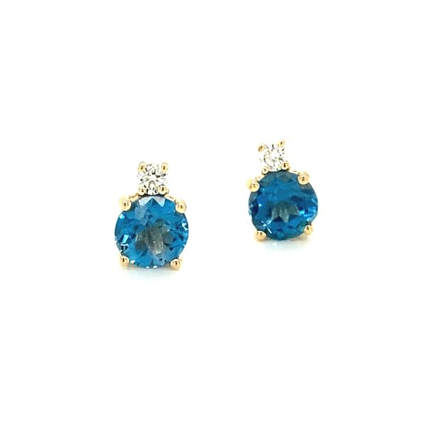 14K Yellow Gold London Blue Topaz Stud Earrings with Diamond Accent Jaymark Jewelers Cold Spring, NY