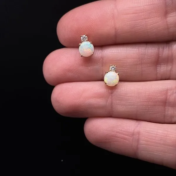 14K Yellow Gold Opal Stud Earrings with Diamond Accent Image 2 Jaymark Jewelers Cold Spring, NY