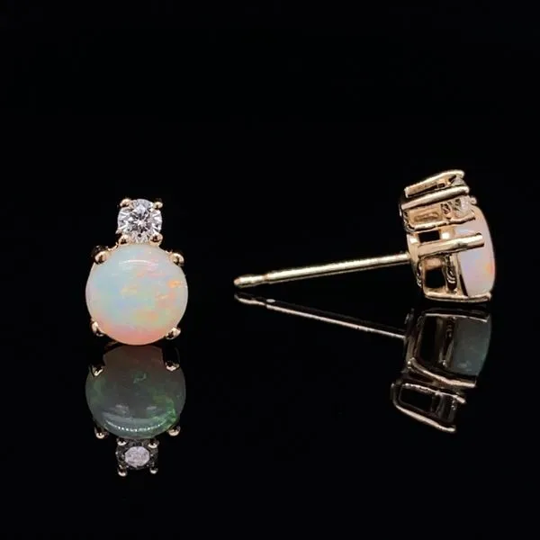 14K Yellow Gold Opal Stud Earrings with Diamond Accent Image 3 Jaymark Jewelers Cold Spring, NY