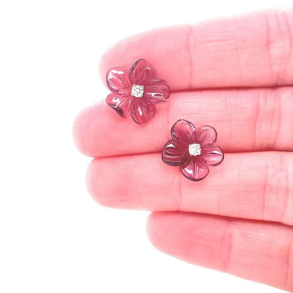 18K Yellow Gold Pink Tourmaline and Diamond Earrings Image 2 Jaymark Jewelers Cold Spring, NY