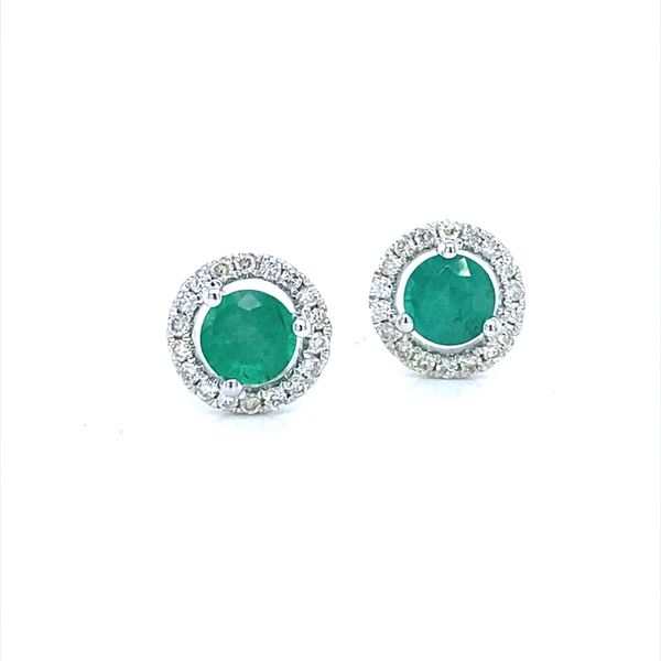 14K White Gold Emerald and Diamond Halo Stud Earrings Jaymark Jewelers Cold Spring, NY