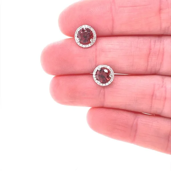 14K White Gold Garnet and Diamond Halo Earrings Image 2 Jaymark Jewelers Cold Spring, NY